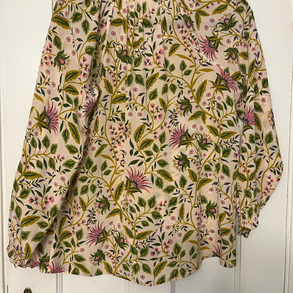Spartina 449 Floral Vines Tie-Neck Blouse in Cream, Green, Pink - Picture 2 of 4
